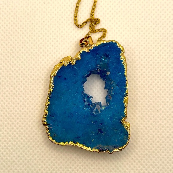 Natural Geode Stone & Crystal Quartz Good Morning Blue & God's Debut Necklace 5c - Picture 4 of 14